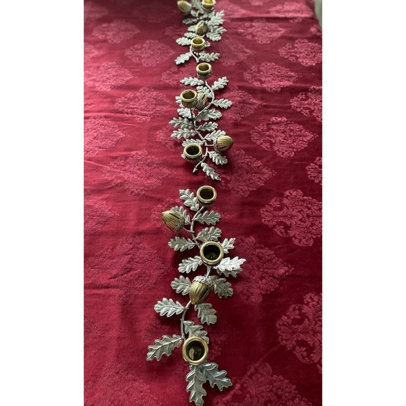 Silver & Gold Tone Horizontal Candlestick Stick Holder Leaf w Hazelnut Design - Picture 12 of 16